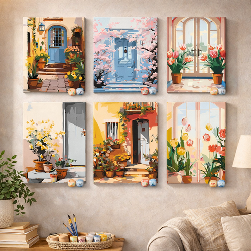 Coffret Douce Toiles – 6 Peintures par Numéros "Maison Fleurie"
